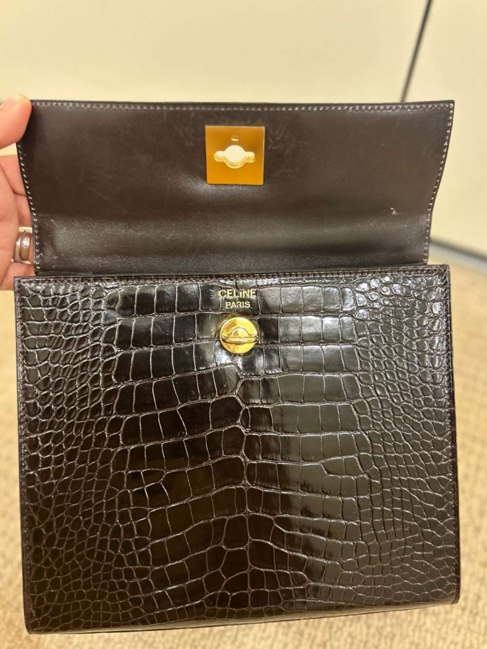 Vtg Celine logo ring dark brown Croc-Embossed exotic skin Top Handle Bag purse - Picture 6 of 16